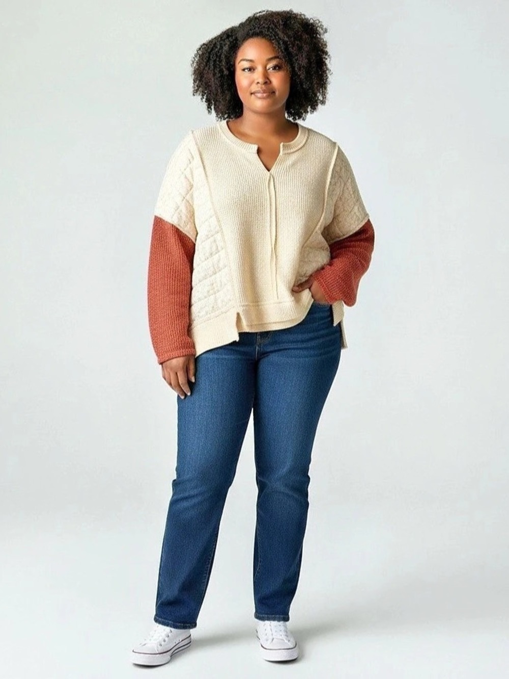 POL Boho Oversized Mixed Media Quilted Thermal Top Cream & Red